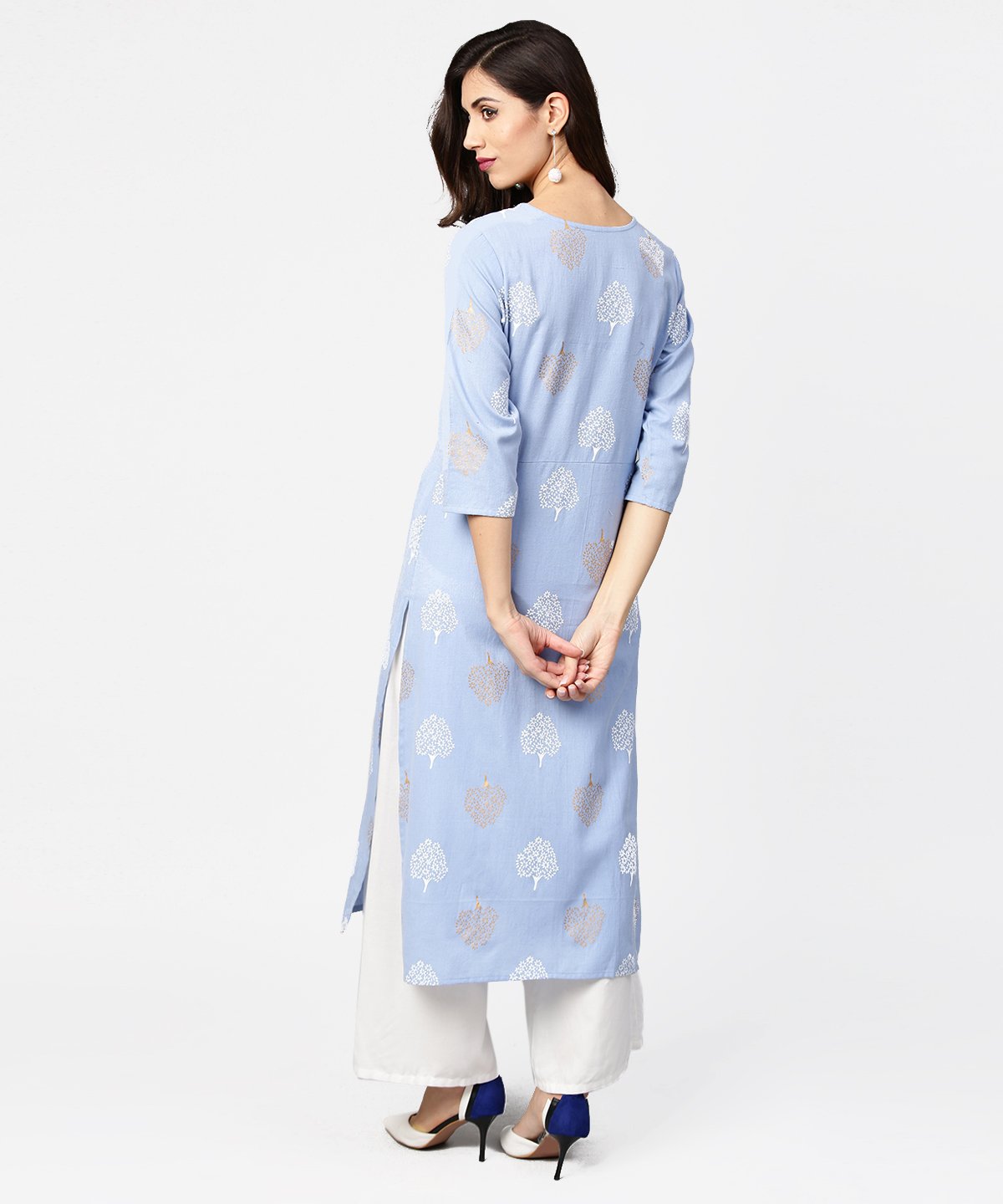 Grey Printed  3/4Th Sleeve Cotton Straight Kurta | LASVINI - Redefining Indian Fashion with Elegance