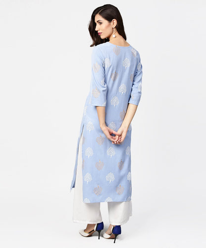 Grey Printed  3/4Th Sleeve Cotton Straight Kurta | LASVINI - Redefining Indian Fashion with Elegance