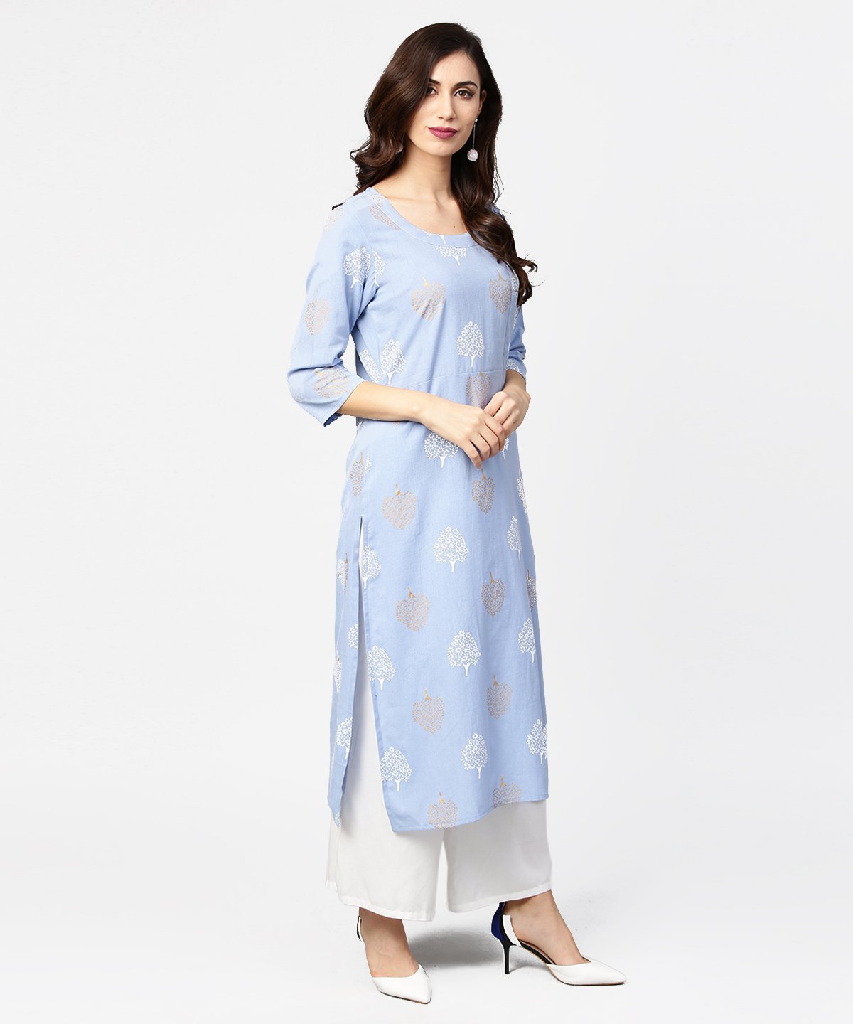 Grey Printed  3/4Th Sleeve Cotton Straight Kurta | LASVINI - Redefining Indian Fashion with Elegance