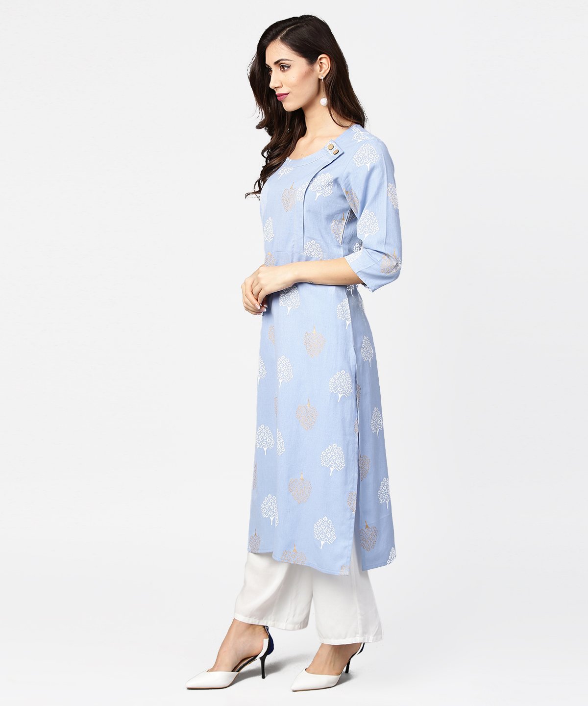 Grey Printed  3/4Th Sleeve Cotton Straight Kurta | LASVINI - Redefining Indian Fashion with Elegance