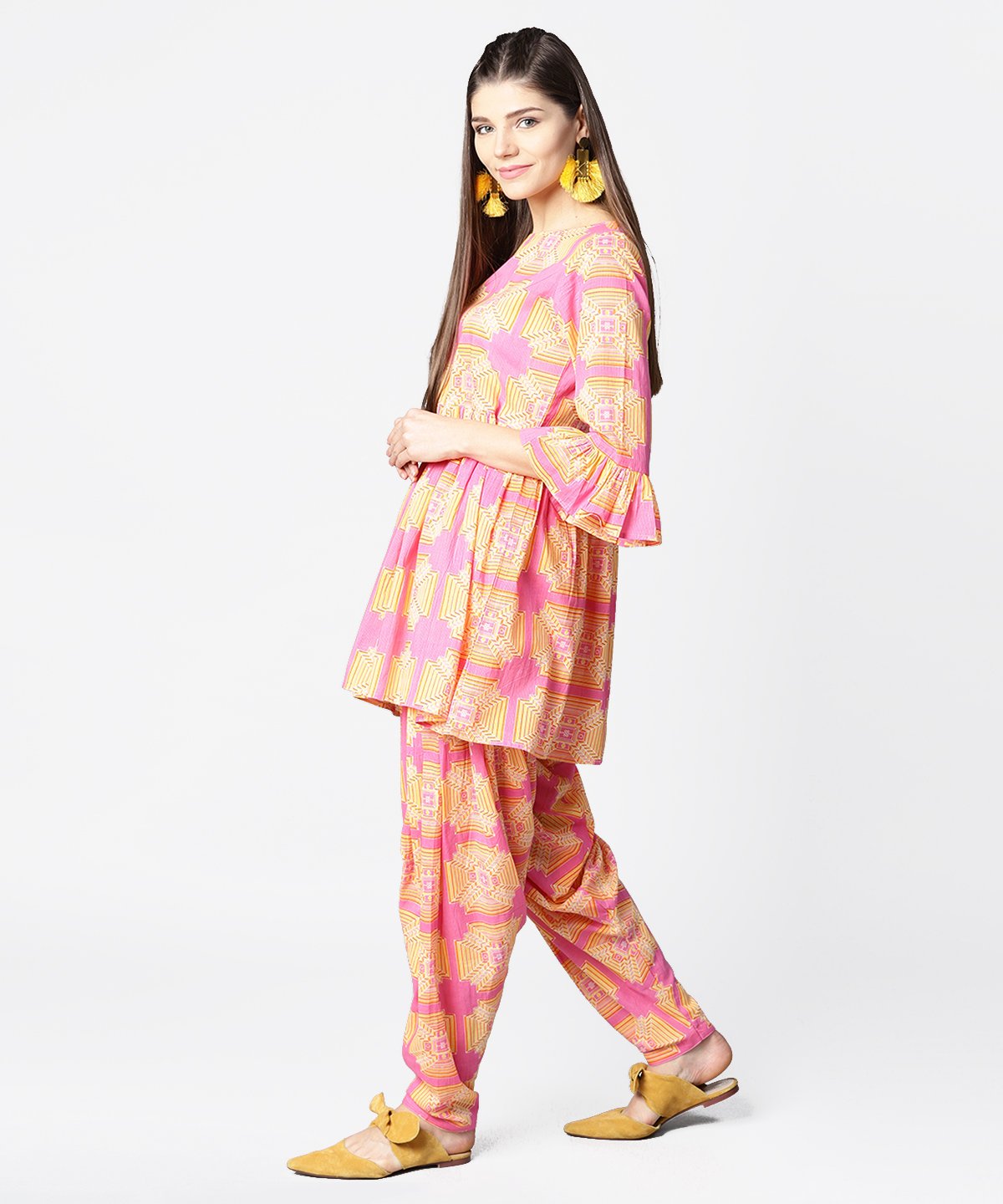 Yellow & Pink 3/4Th Sleeve Cotton Kurti With Ankle Length Salwar | LASVINI - Redefining Indian Fashion with Elegance