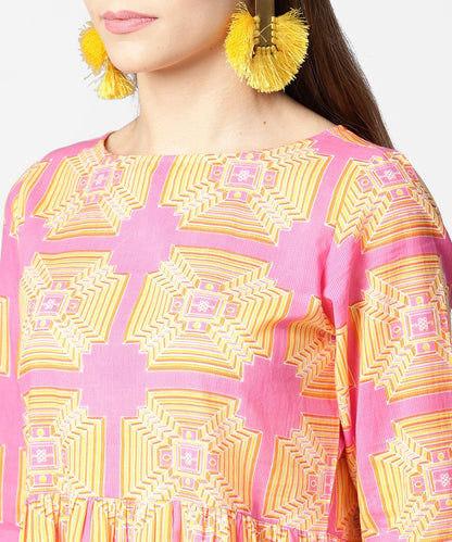 Yellow & Pink 3/4Th Sleeve Cotton Kurti With Ankle Length Salwar | LASVINI - Redefining Indian Fashion with Elegance