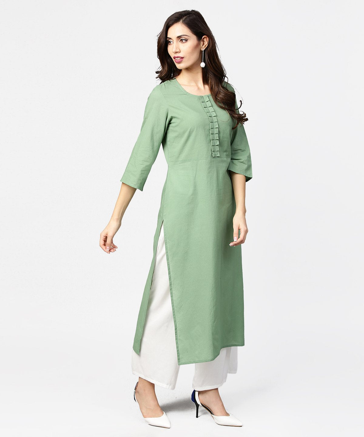 Dark Green Solid 3/4Th Sleeve Cotton Straight Kurta | LASVINI - Redefining Indian Fashion with Elegance