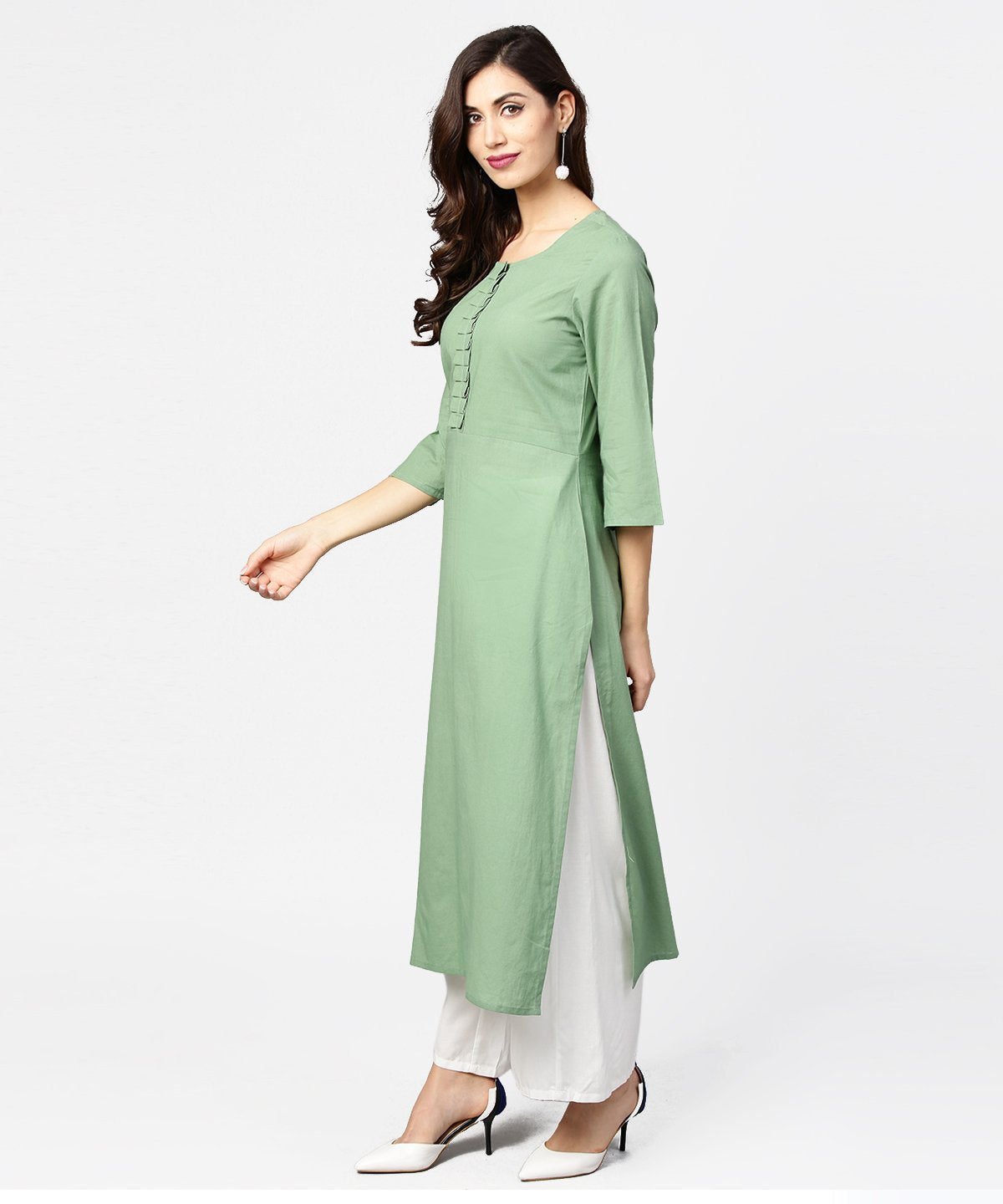 Dark Green Solid 3/4Th Sleeve Cotton Straight Kurta | LASVINI - Redefining Indian Fashion with Elegance