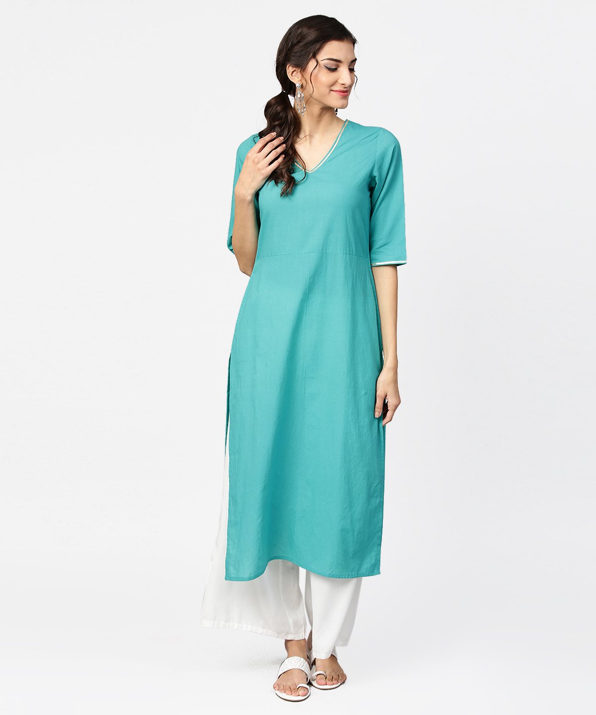 Light Blue Solid Half Sleeve Cotton Straight Kurta | LASVINI - Redefining Indian Fashion with Elegance