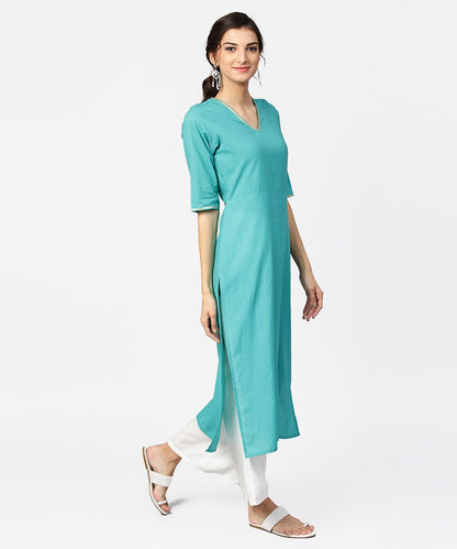 Light Blue Solid Half Sleeve Cotton Straight Kurta | LASVINI - Redefining Indian Fashion with Elegance