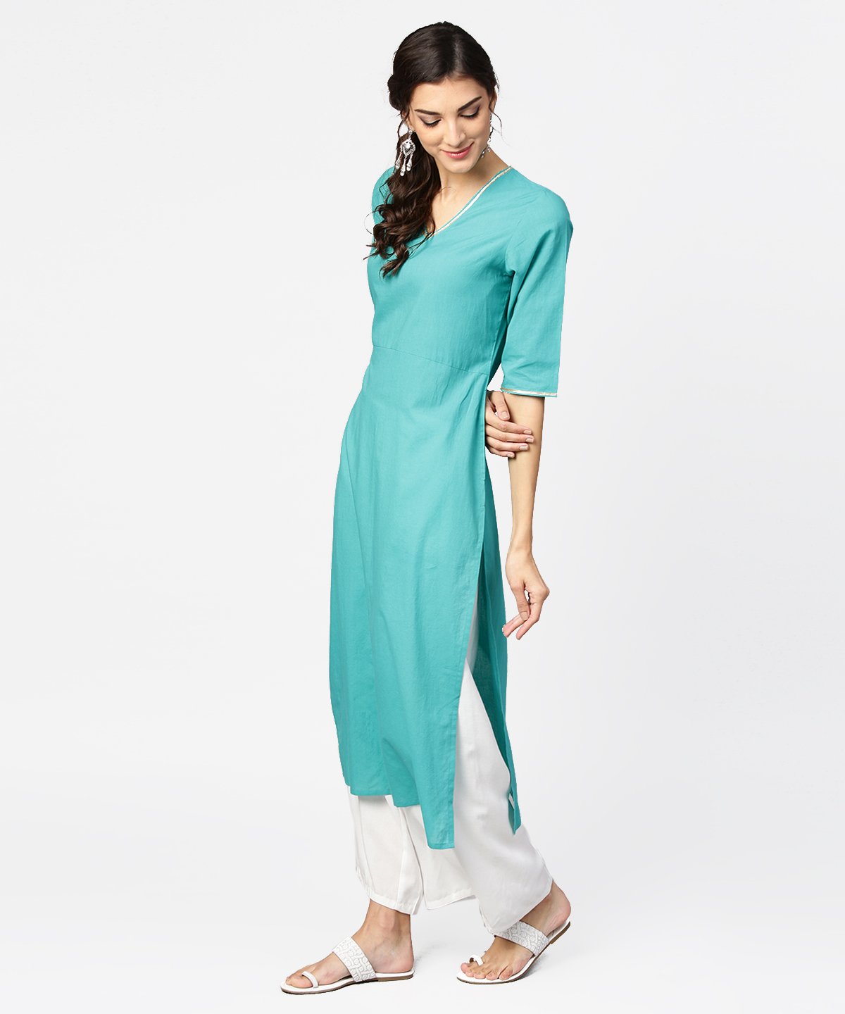 Light Blue Solid Half Sleeve Cotton Straight Kurta | LASVINI - Redefining Indian Fashion with Elegance