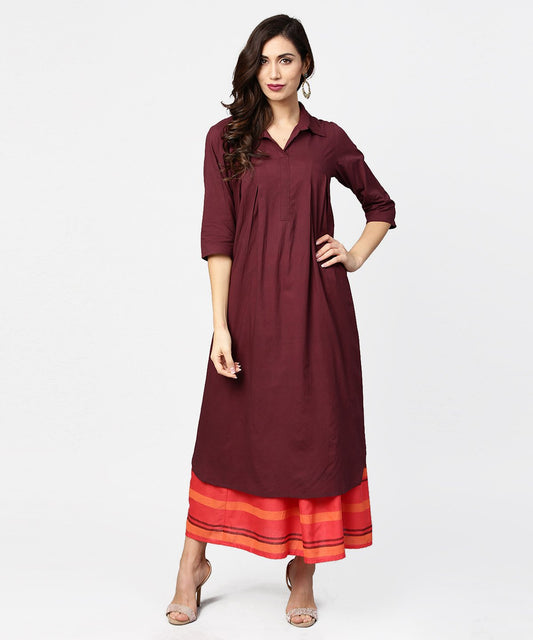 Coffee Half Sleeve Cotton A-Line Kurta | LASVINI - Redefining Indian Fashion with Elegance