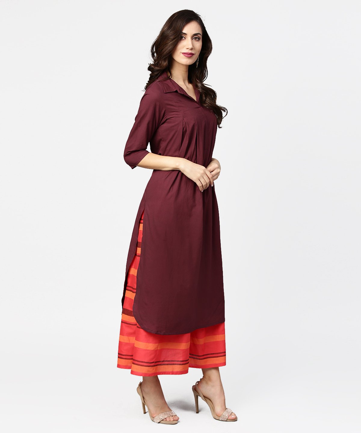 Coffee Half Sleeve Cotton A-Line Kurta | LASVINI - Redefining Indian Fashion with Elegance