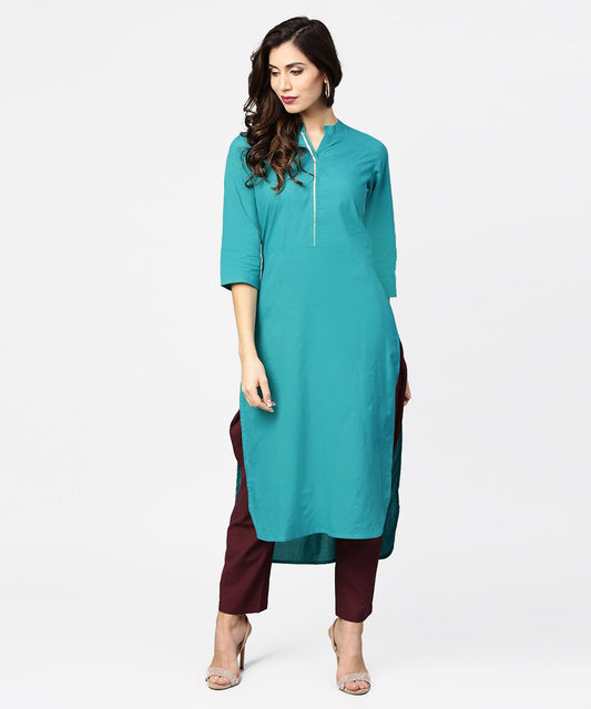 Teal Blue 3/4Th Sleeve Cotton Kurta | LASVINI - Redefining Indian Fashion with Elegance