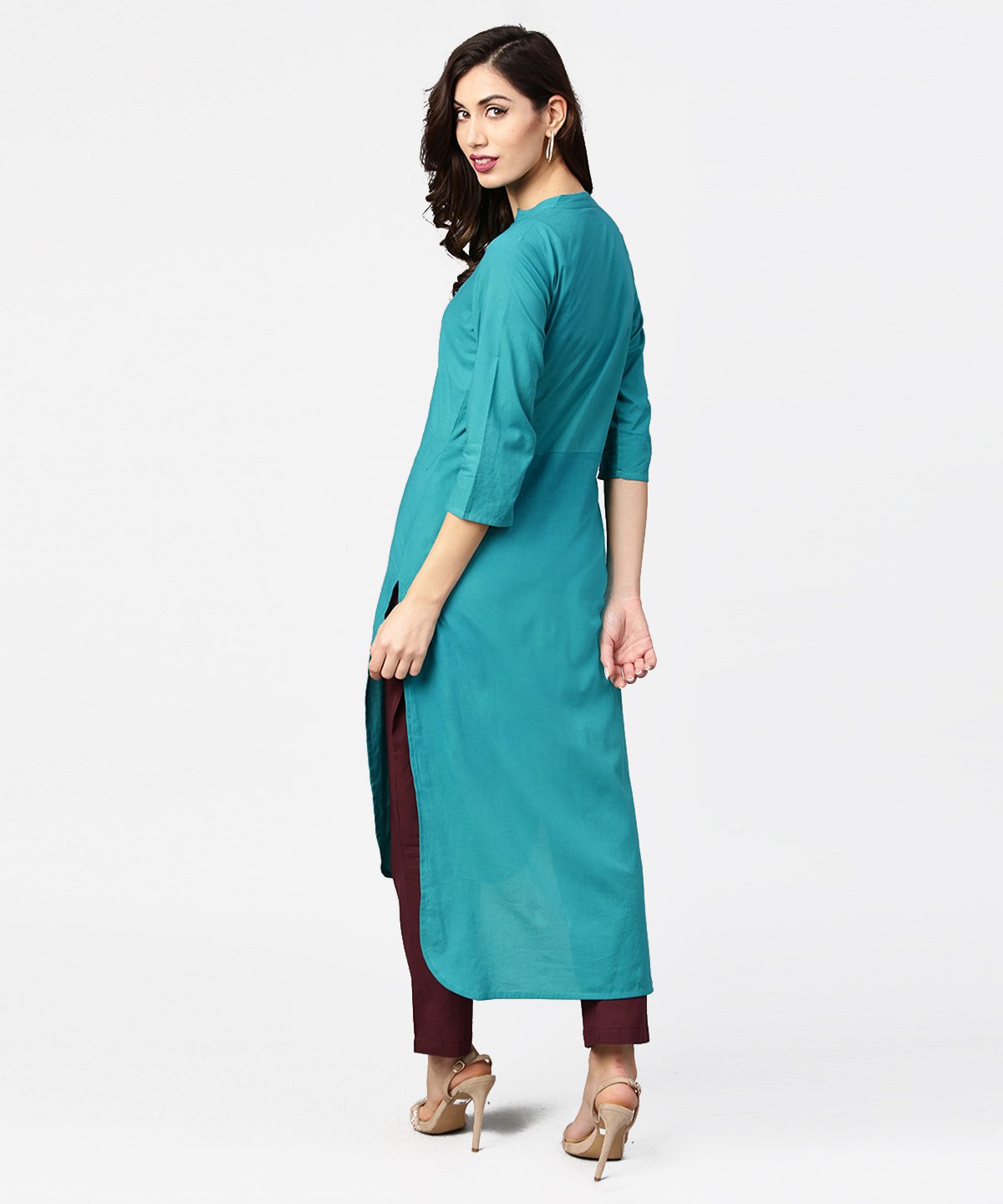 Teal Blue 3/4Th Sleeve Cotton Kurta | LASVINI - Redefining Indian Fashion with Elegance