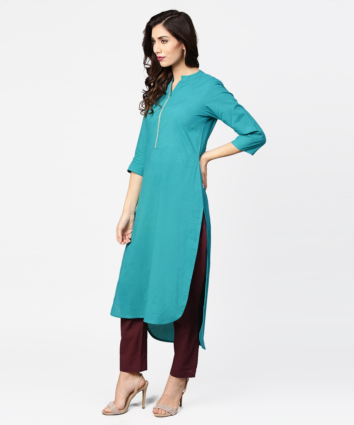 Teal Blue 3/4Th Sleeve Cotton Kurta | LASVINI - Redefining Indian Fashion with Elegance