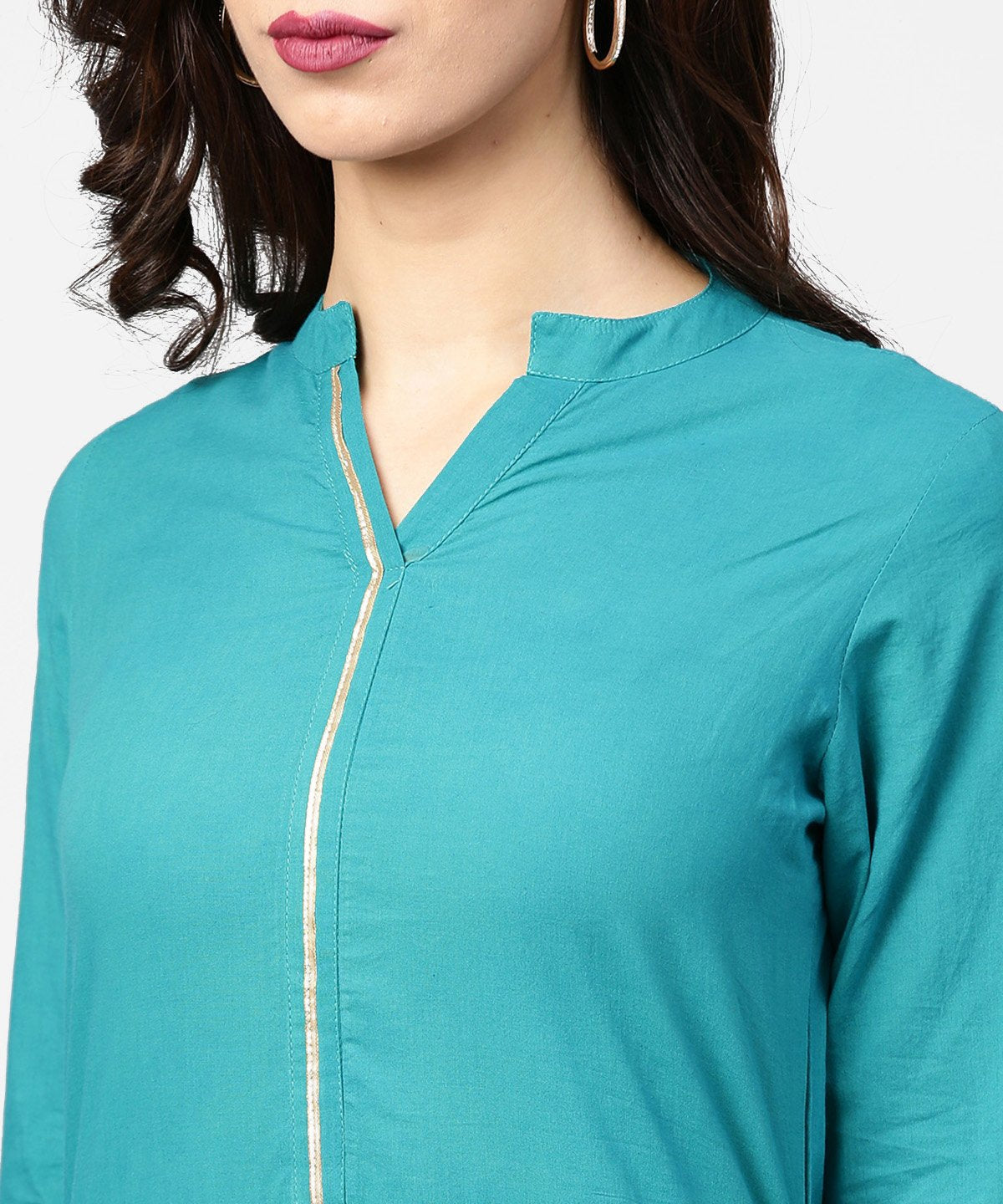 Teal Blue 3/4Th Sleeve Cotton Kurta | LASVINI - Redefining Indian Fashion with Elegance