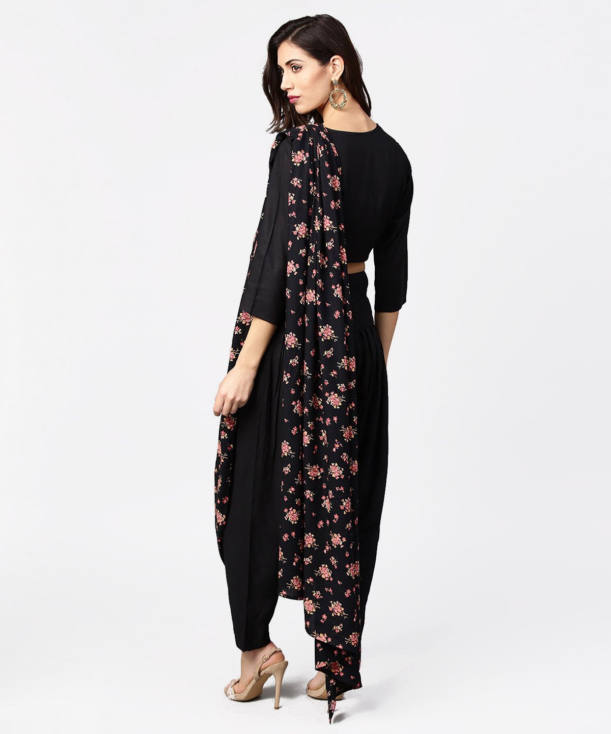 Black Printed Palazzo Saree With 3/4Th Sleeve Round Neck Blouse | LASVINI - Redefining Indian Fashion with Elegance