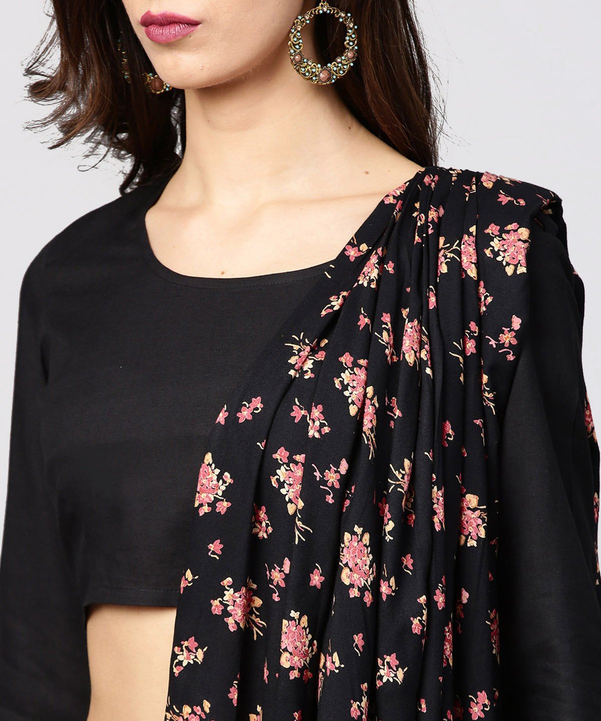 Black Printed Palazzo Saree With 3/4Th Sleeve Round Neck Blouse | LASVINI - Redefining Indian Fashion with Elegance