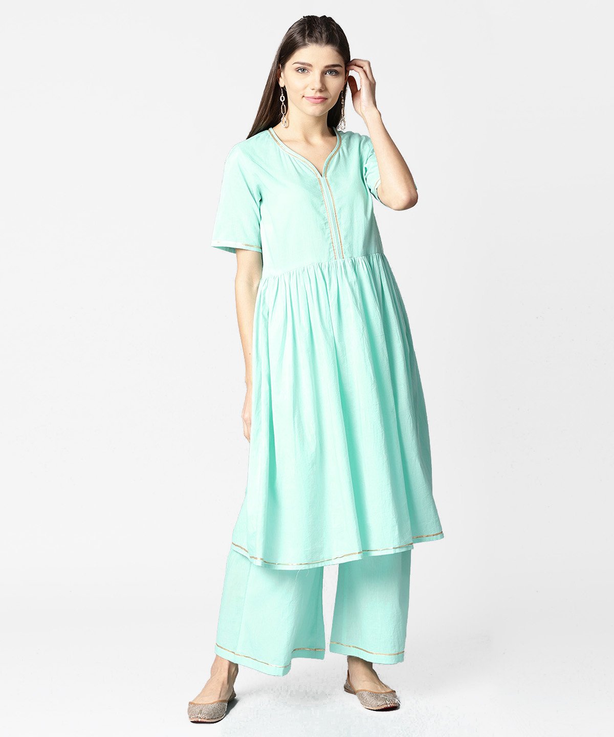 Sea Green Half Sleeve Cotton Anarkali Kurta With Ankle Length Pallazo | LASVINI - Redefining Indian Fashion with Elegance
