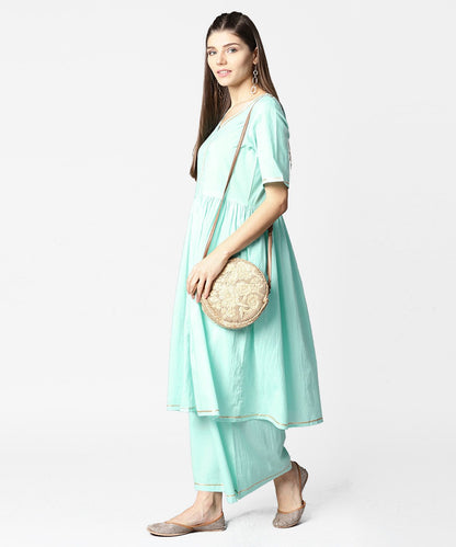 Sea Green Half Sleeve Cotton Anarkali Kurta With Ankle Length Pallazo | LASVINI - Redefining Indian Fashion with Elegance