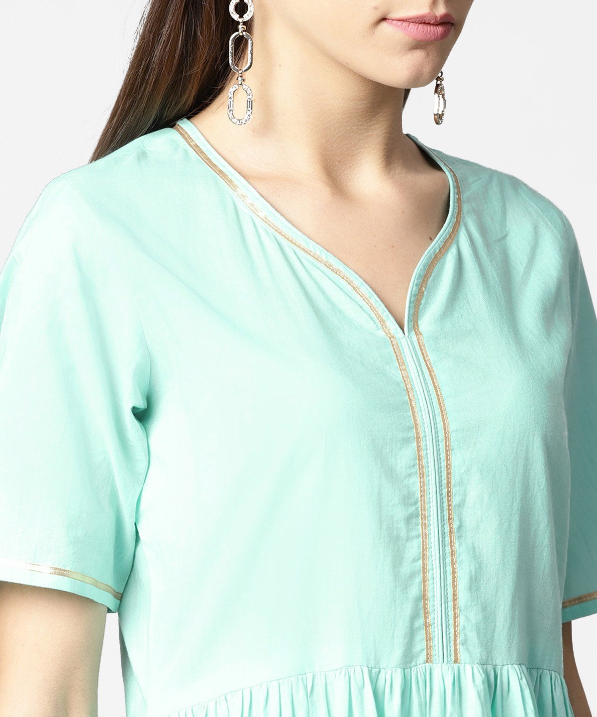 Sea Green Half Sleeve Cotton Anarkali Kurta With Ankle Length Pallazo | LASVINI - Redefining Indian Fashion with Elegance