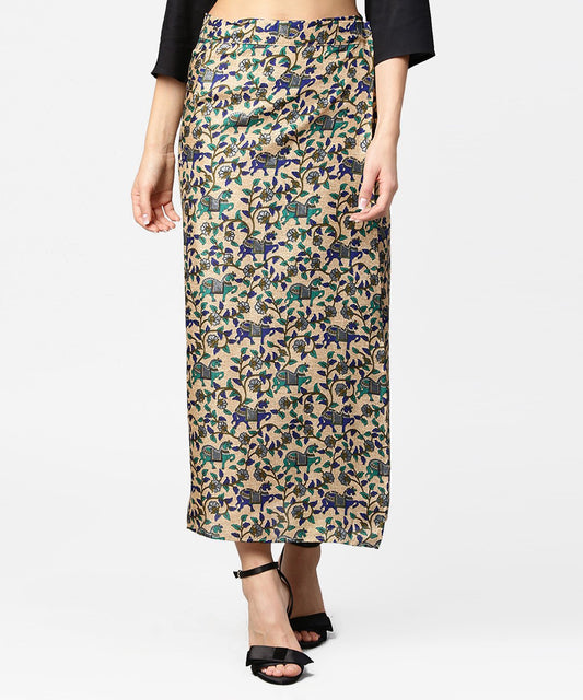 Beige Printed Midi Cotton Straight Skirt | LASVINI - Redefining Indian Fashion with Elegance