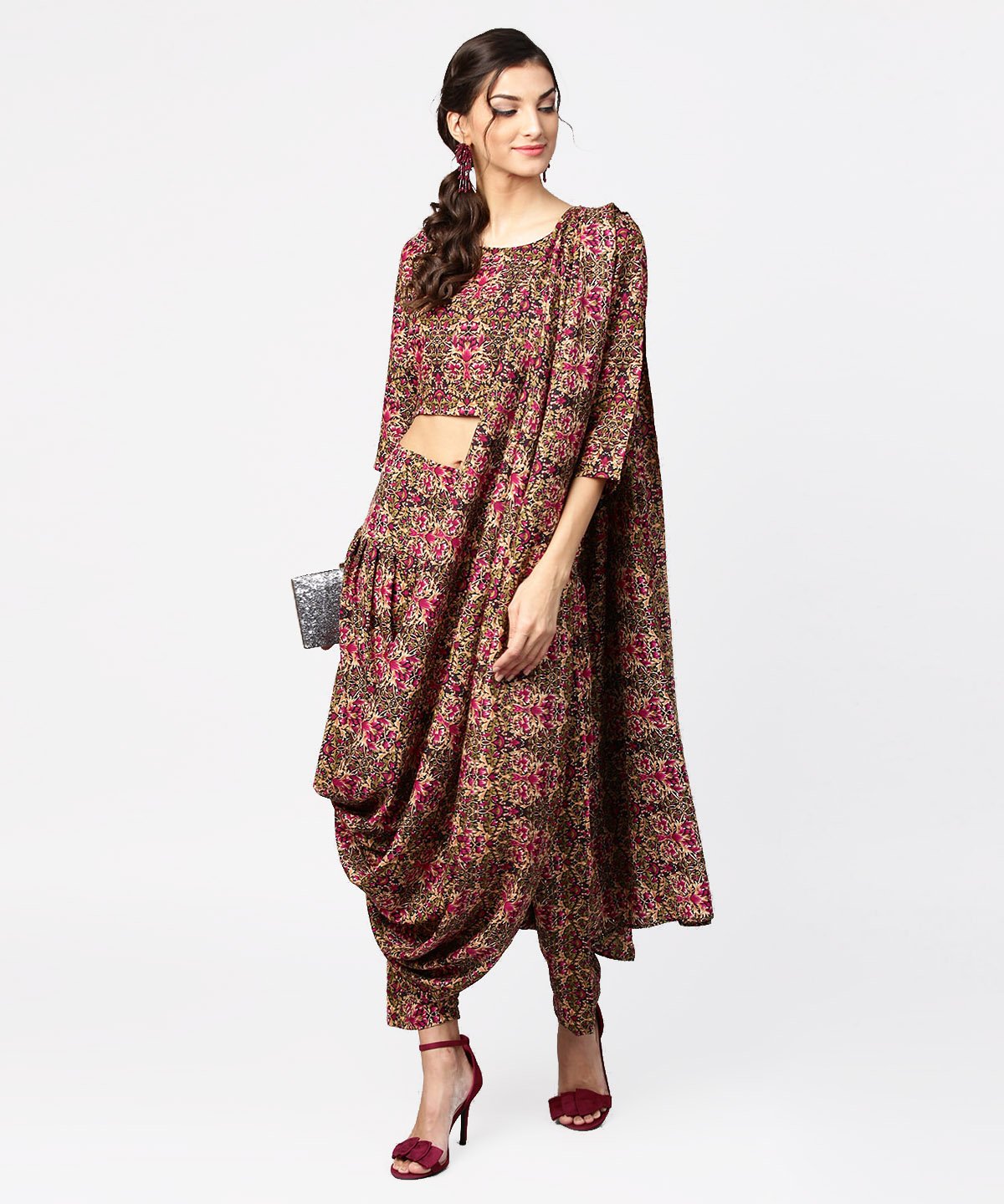 Green & Pink Printed Palazzo Saree & 3/4Th Sleeve Round Neck Blouse | LASVINI - Redefining Indian Fashion with Elegance