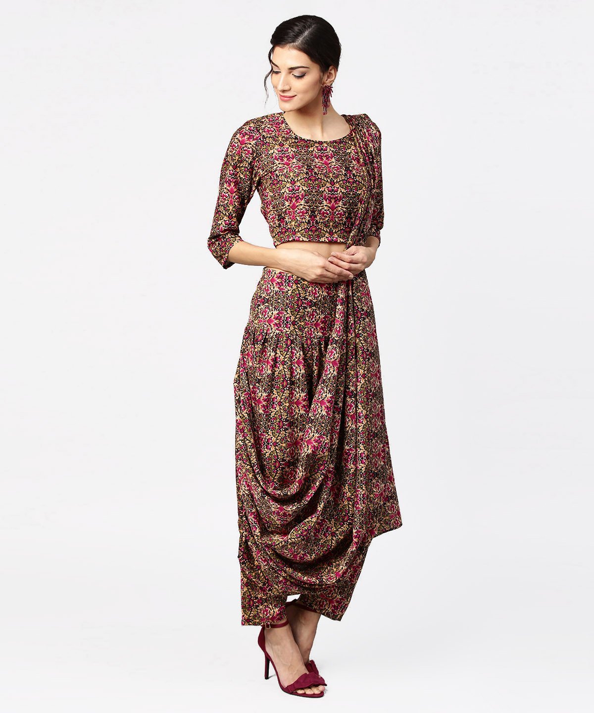 Green & Pink Printed Palazzo Saree & 3/4Th Sleeve Round Neck Blouse | LASVINI - Redefining Indian Fashion with Elegance