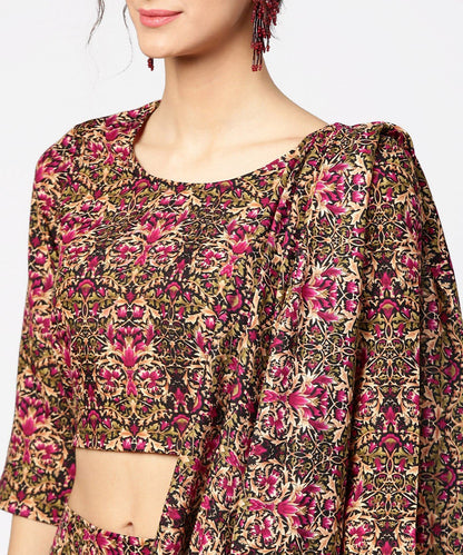 Green & Pink Printed Palazzo Saree & 3/4Th Sleeve Round Neck Blouse | LASVINI - Redefining Indian Fashion with Elegance