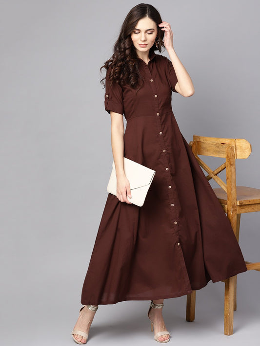 Solid Chocolate Brown Maxi Dress With Shirt Collar & 3/4 Sleeves | LASVINI - Redefining Indian Fashion with Elegance