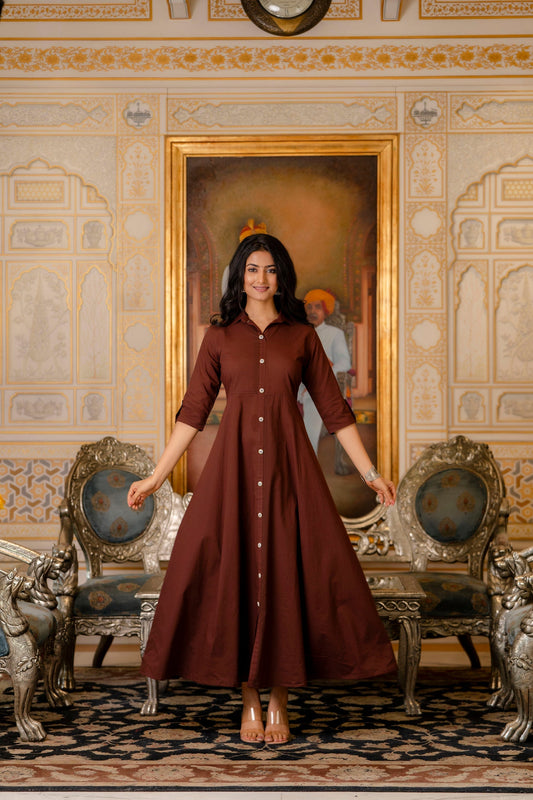 Women Chocolate Brown Maxi Dress With Shirt Collar & 3/4 Sleeves | LASVINI - Redefining Indian Fashion with Elegance