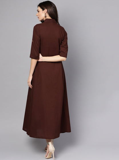 Solid Chocolate Brown Maxi Dress With Shirt Collar & 3/4 Sleeves | LASVINI - Redefining Indian Fashion with Elegance