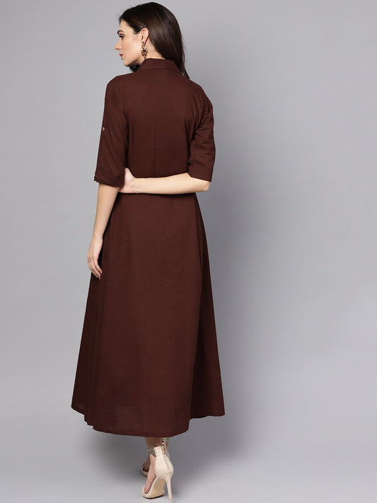 Solid Chocolate Brown Maxi Dress With Shirt Collar & 3/4 Sleeves | LASVINI - Redefining Indian Fashion with Elegance