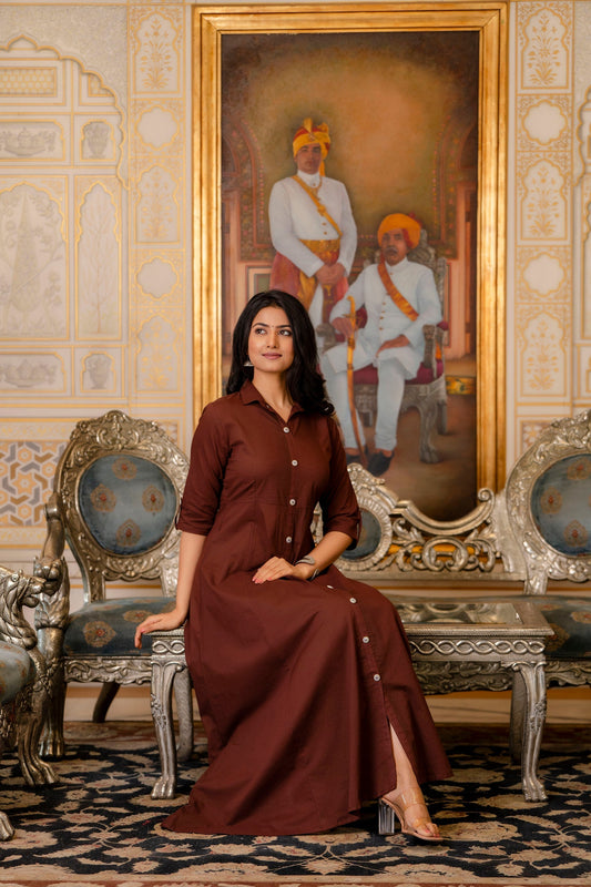 Women Chocolate Brown Maxi Dress With Shirt Collar & 3/4 Sleeves | LASVINI - Redefining Indian Fashion with Elegance