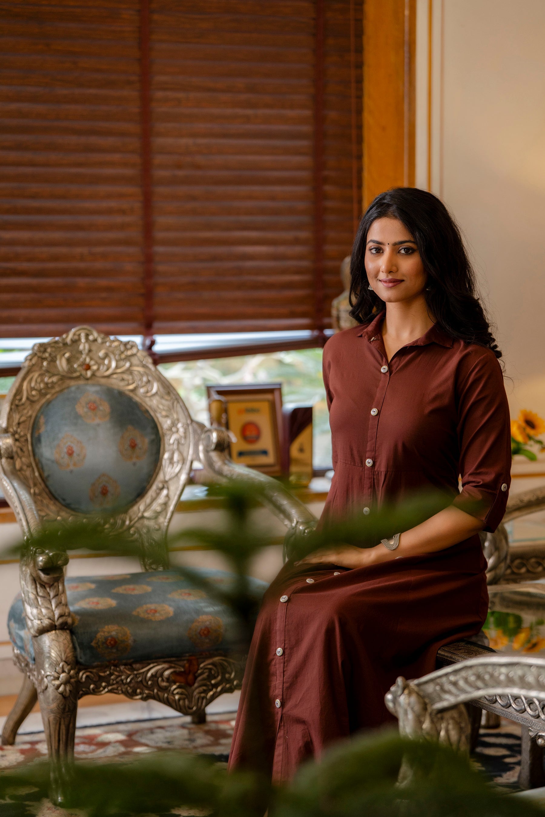 Women Chocolate Brown Maxi Dress With Shirt Collar & 3/4 Sleeves | LASVINI - Redefining Indian Fashion with Elegance