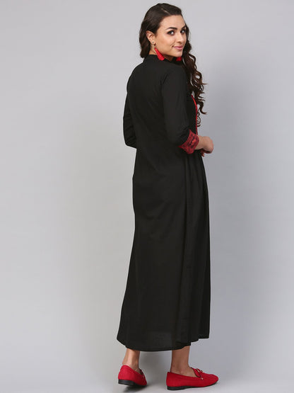 Solid Black Maxi Dress With Printed Front Yoke & Madarin Collar | LASVINI - Redefining Indian Fashion with Elegance