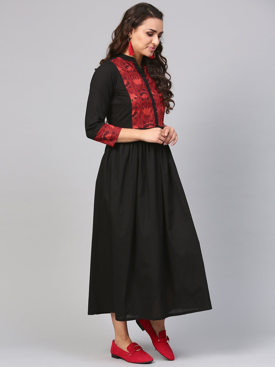 Solid Black Maxi Dress With Printed Front Yoke & Madarin Collar | LASVINI - Redefining Indian Fashion with Elegance