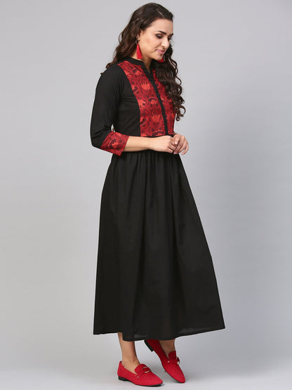 Solid Black Maxi Dress With Printed Front Yoke & Madarin Collar | LASVINI - Redefining Indian Fashion with Elegance