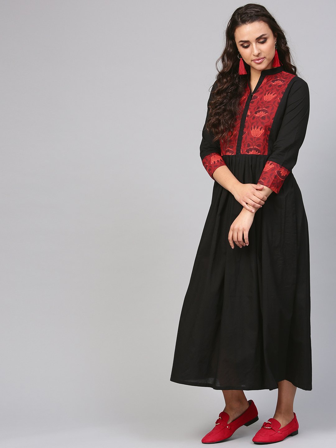 Solid Black Maxi Dress With Printed Front Yoke & Madarin Collar | LASVINI - Redefining Indian Fashion with Elegance