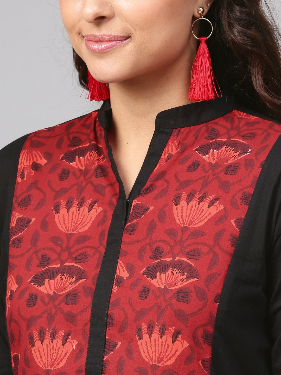 Solid Black Maxi Dress With Printed Front Yoke & Madarin Collar | LASVINI - Redefining Indian Fashion with Elegance