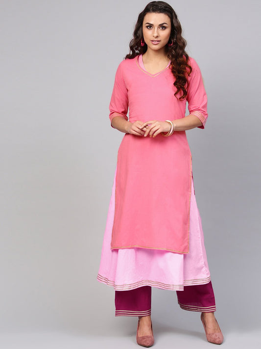 Solid Pink Half Sleeve Double Kurta With Ankle Length Palazzo | LASVINI - Redefining Indian Fashion with Elegance
