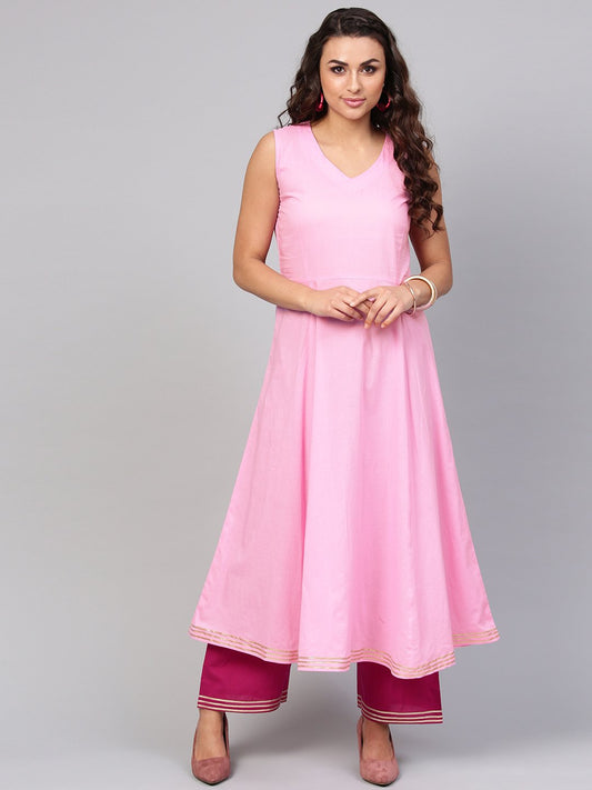 Solid Pink Half Sleeve Double Kurta With Ankle Length Palazzo | LASVINI - Redefining Indian Fashion with Elegance