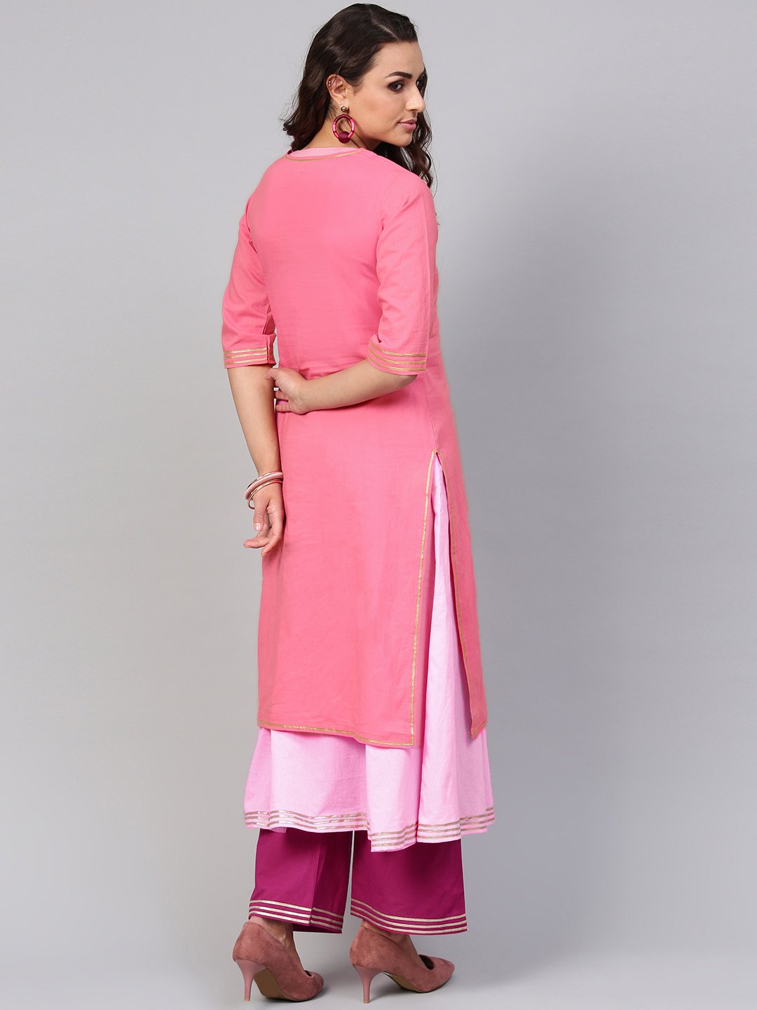 Solid Pink Half Sleeve Double Kurta With Ankle Length Palazzo | LASVINI - Redefining Indian Fashion with Elegance