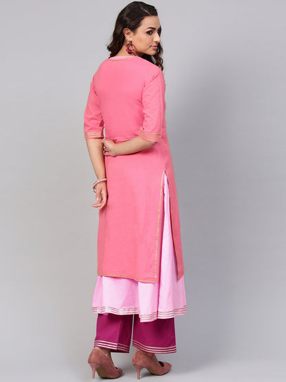 Solid Pink Half Sleeve Double Kurta With Ankle Length Palazzo | LASVINI - Redefining Indian Fashion with Elegance
