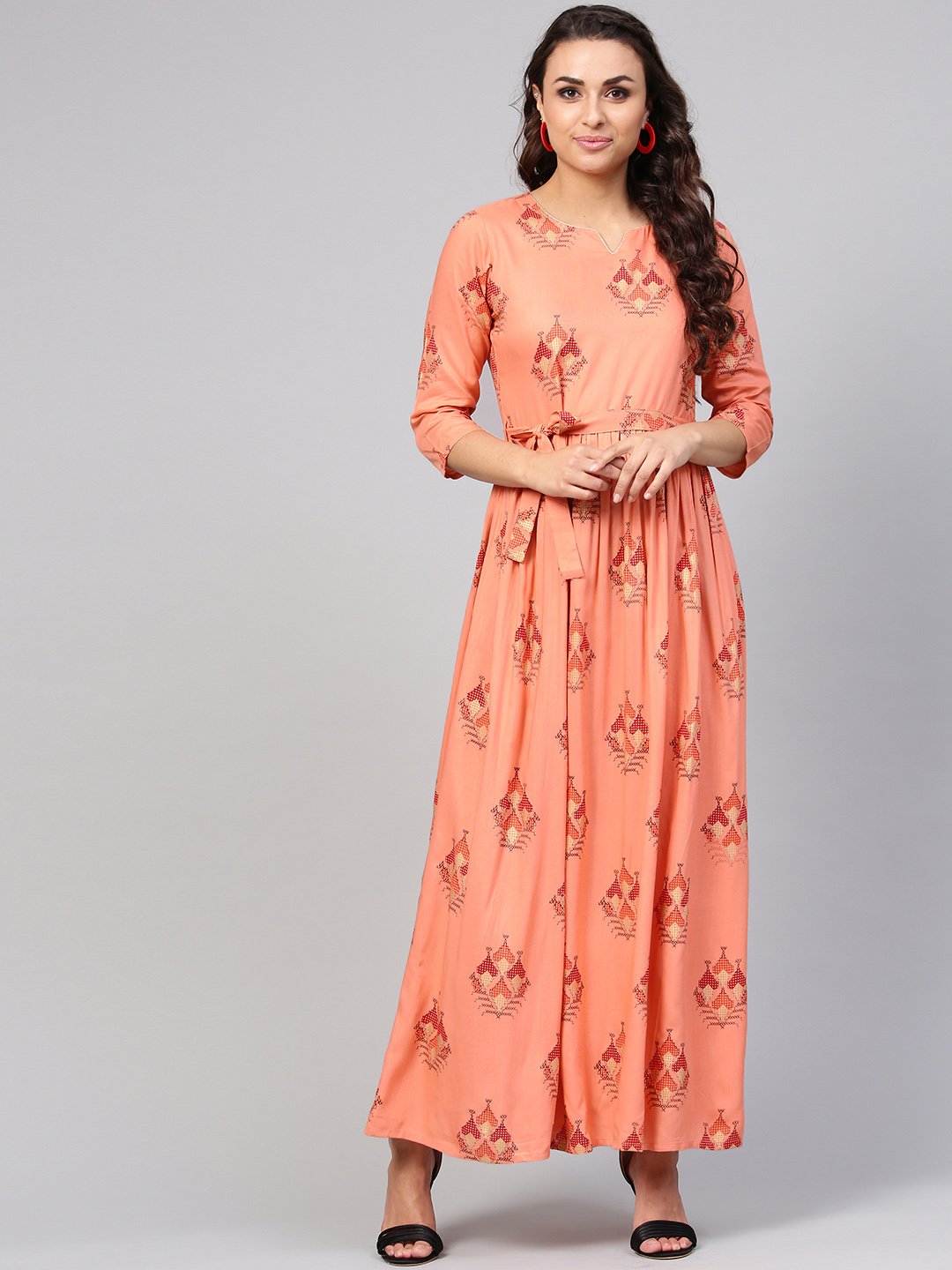 Peach Geometric Maxi Dress With 3/4 Sleeves & Round Neck | LASVINI - Redefining Indian Fashion with Elegance