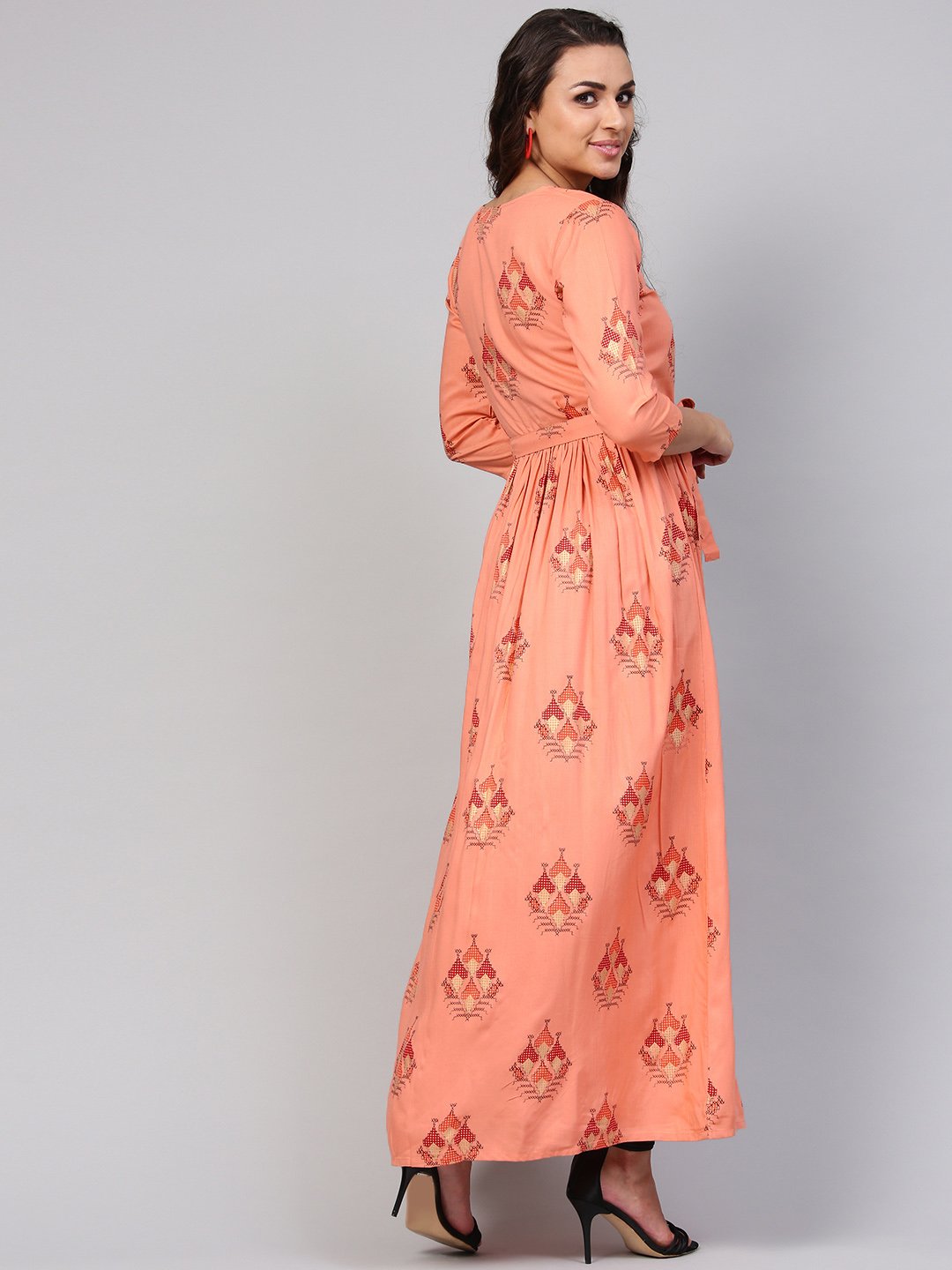 Peach Geometric Maxi Dress With 3/4 Sleeves & Round Neck | LASVINI - Redefining Indian Fashion with Elegance