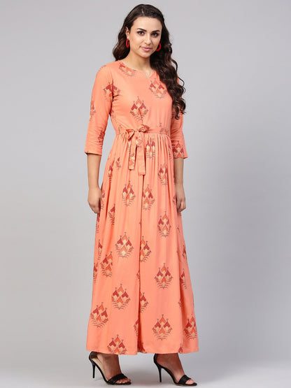 Peach Geometric Maxi Dress With 3/4 Sleeves & Round Neck | LASVINI - Redefining Indian Fashion with Elegance