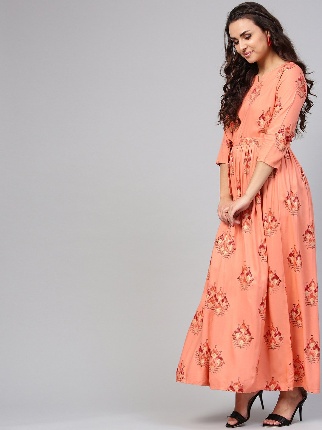 Peach Geometric Maxi Dress With 3/4 Sleeves & Round Neck | LASVINI - Redefining Indian Fashion with Elegance