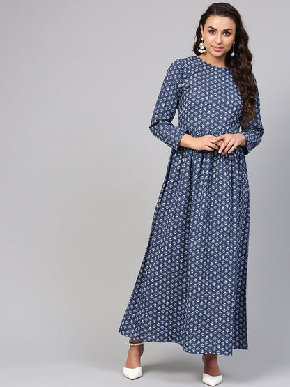 Navy Blue Printed Maxi Dress With Round Neck & Full Sleeves | LASVINI - Redefining Indian Fashion with Elegance