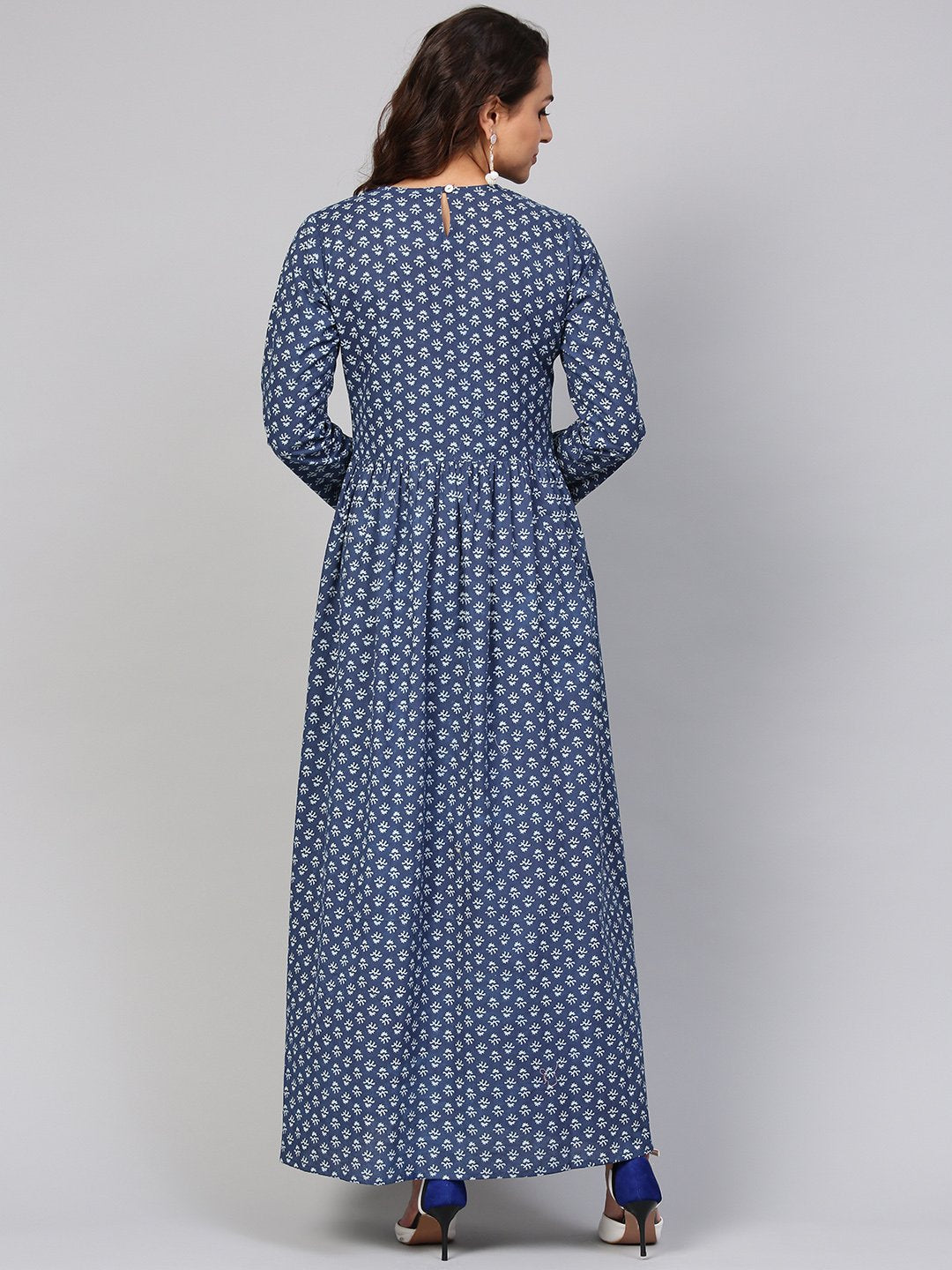 Navy Blue Printed Maxi Dress With Round Neck & Full Sleeves | LASVINI - Redefining Indian Fashion with Elegance