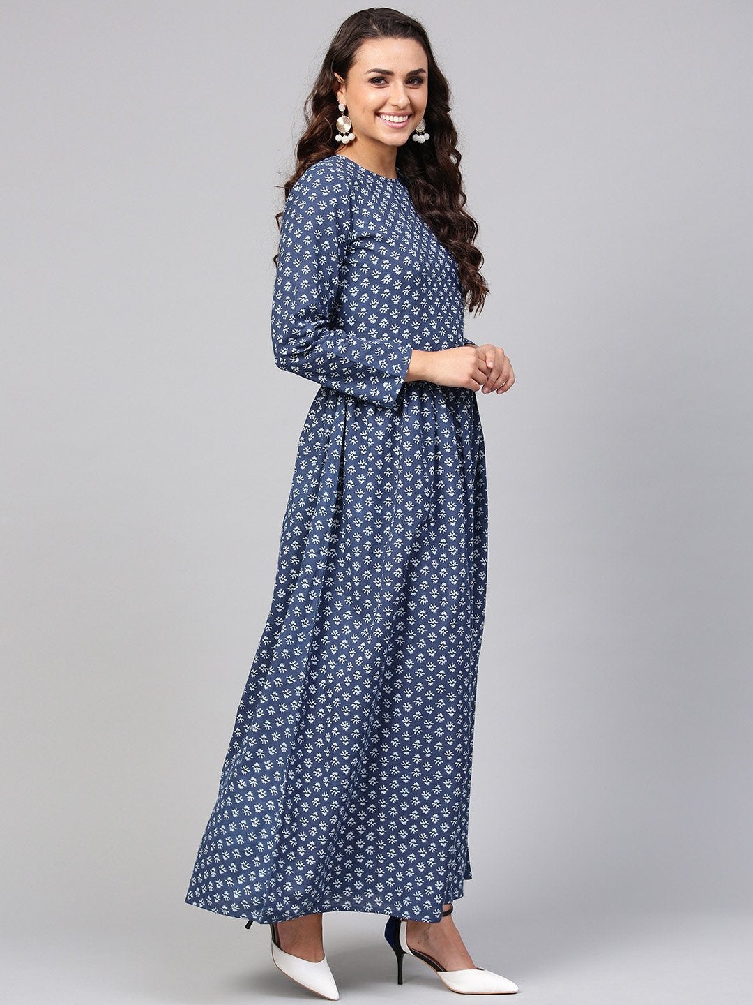 Navy Blue Printed Maxi Dress With Round Neck & Full Sleeves | LASVINI - Redefining Indian Fashion with Elegance
