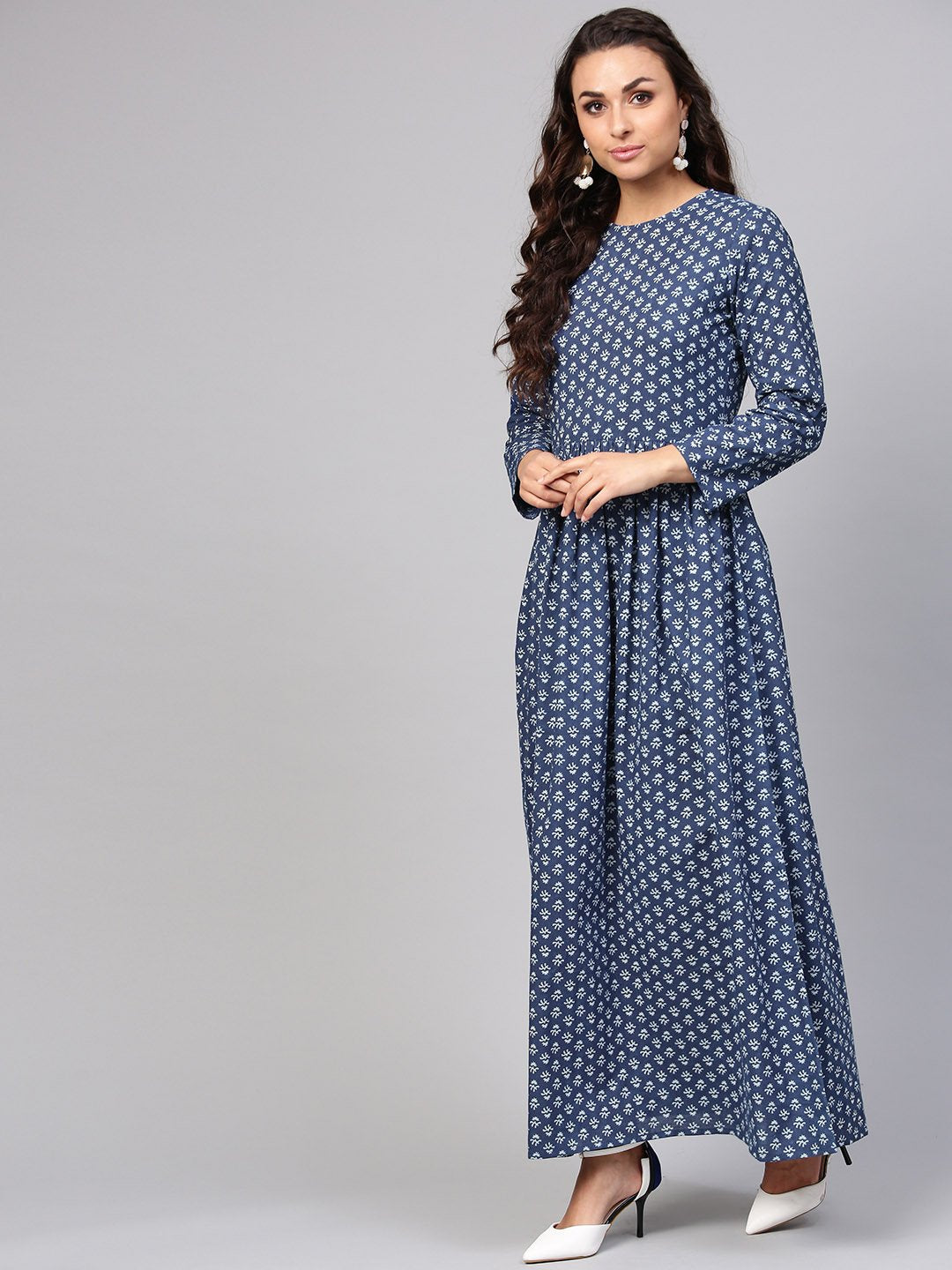 Navy Blue Printed Maxi Dress With Round Neck & Full Sleeves | LASVINI - Redefining Indian Fashion with Elegance
