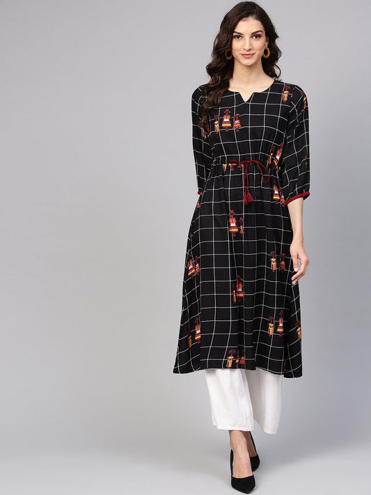 Black Check Printed Kurta With Multi Colored Human Figure Motifs | LASVINI - Redefining Indian Fashion with Elegance